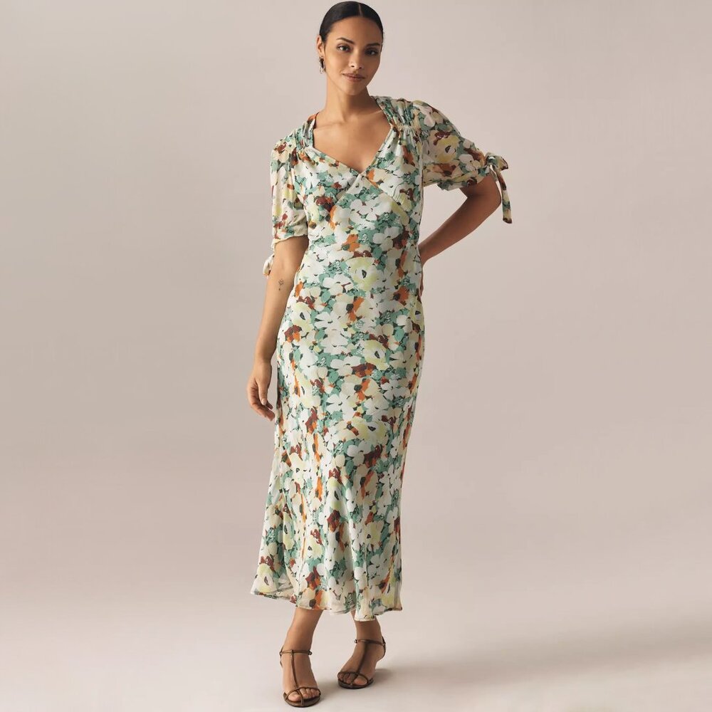 ANTHROPOLOGIE | Short-Sleeve V-Neck Slip Midi Dress | NWT